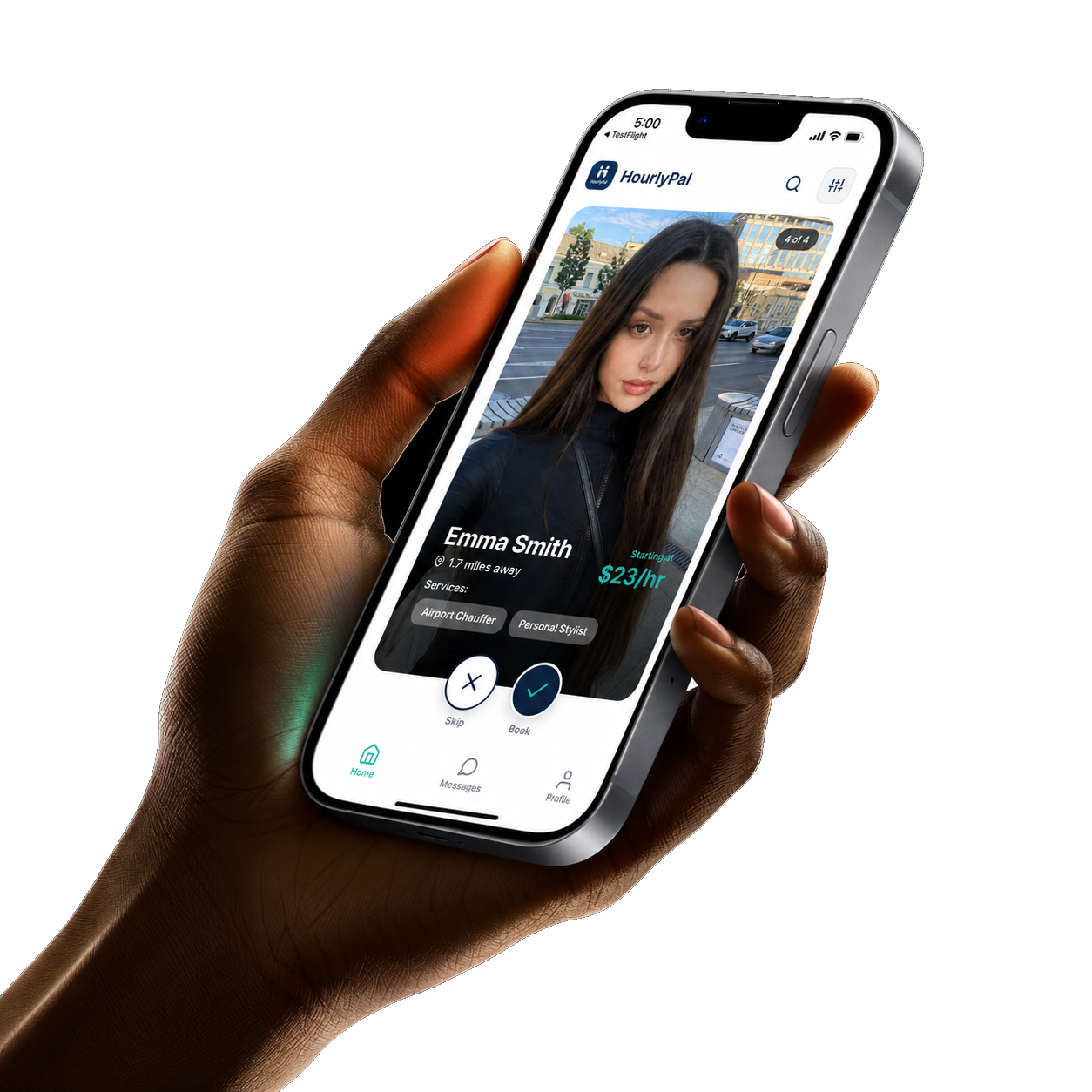 A person holding a phone showing the HourlyPal app with a verified Pal's profile and hourly rate.
