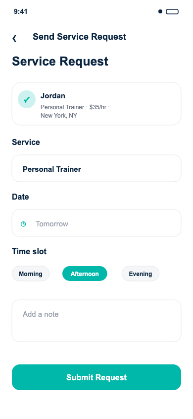 Sending a new booking request in the HourlyPal app