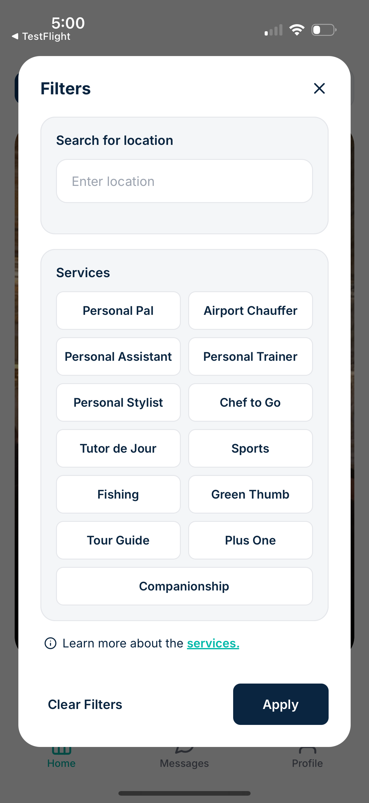 HourlyPal filters for location, services, and availability